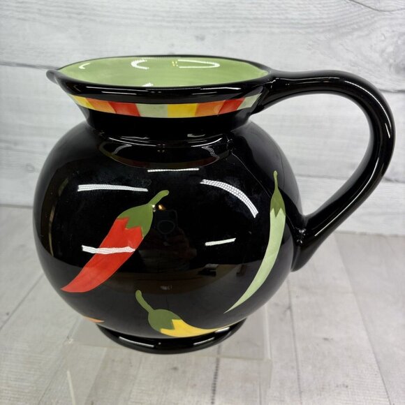 THE MAIN INGREDIENTS Black Ceramic Red Orange Green Chili Peppers 3.5Qt Pitcher - Picture 2 of 16